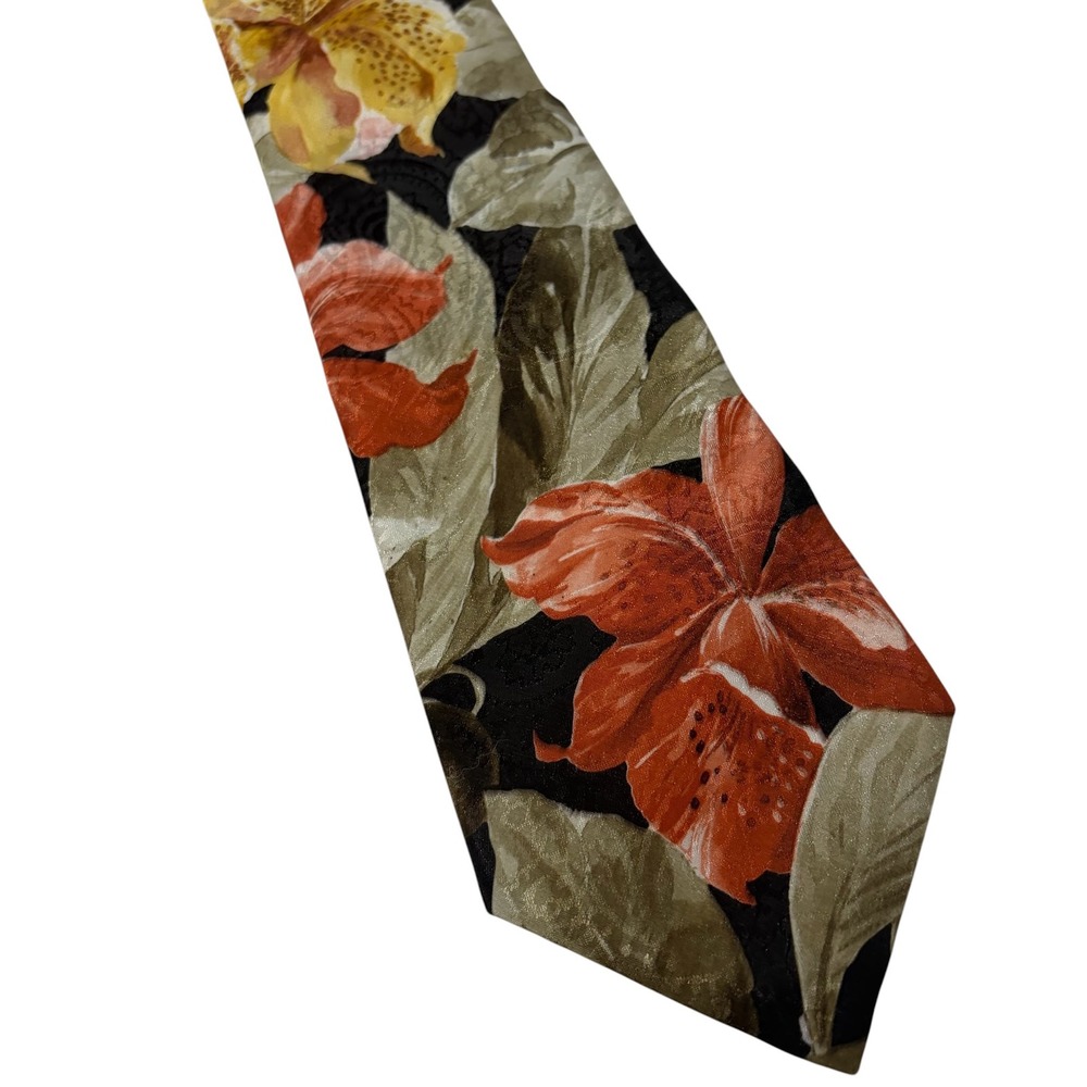 Don Loper Beverly Hills Eurosilk Mens Floral Tie Black Orange‎ Tropical Lily USA